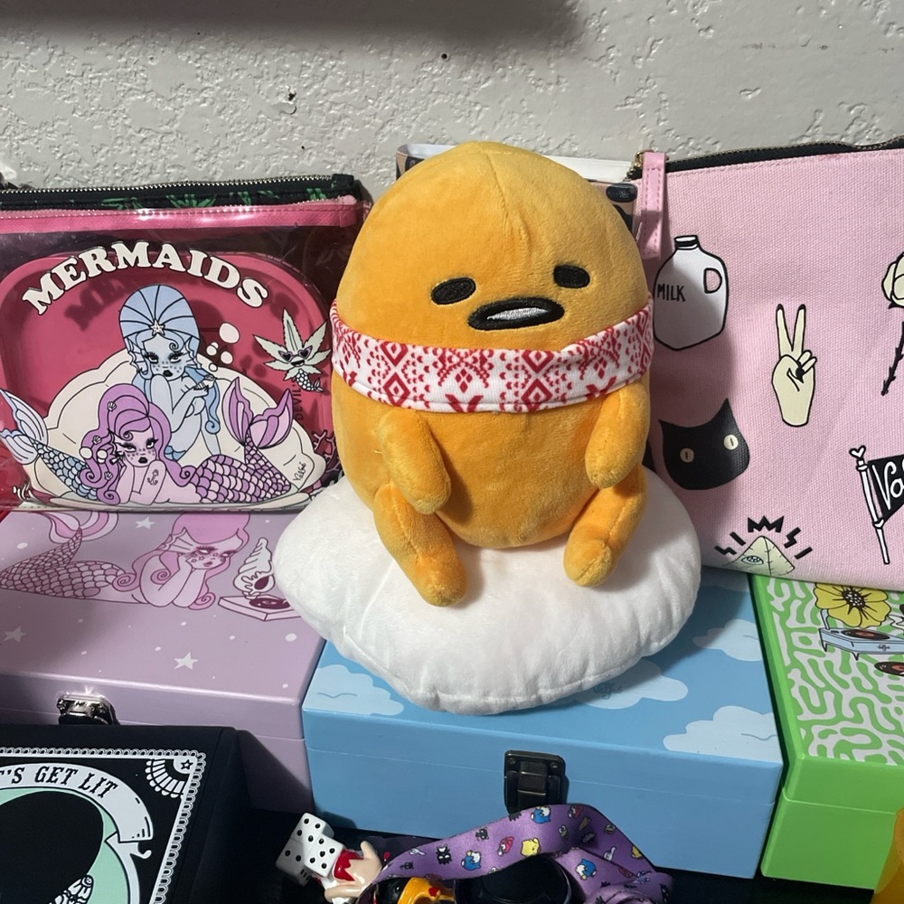 Sanrio Gudetama Plush with Red Patterned Scarf